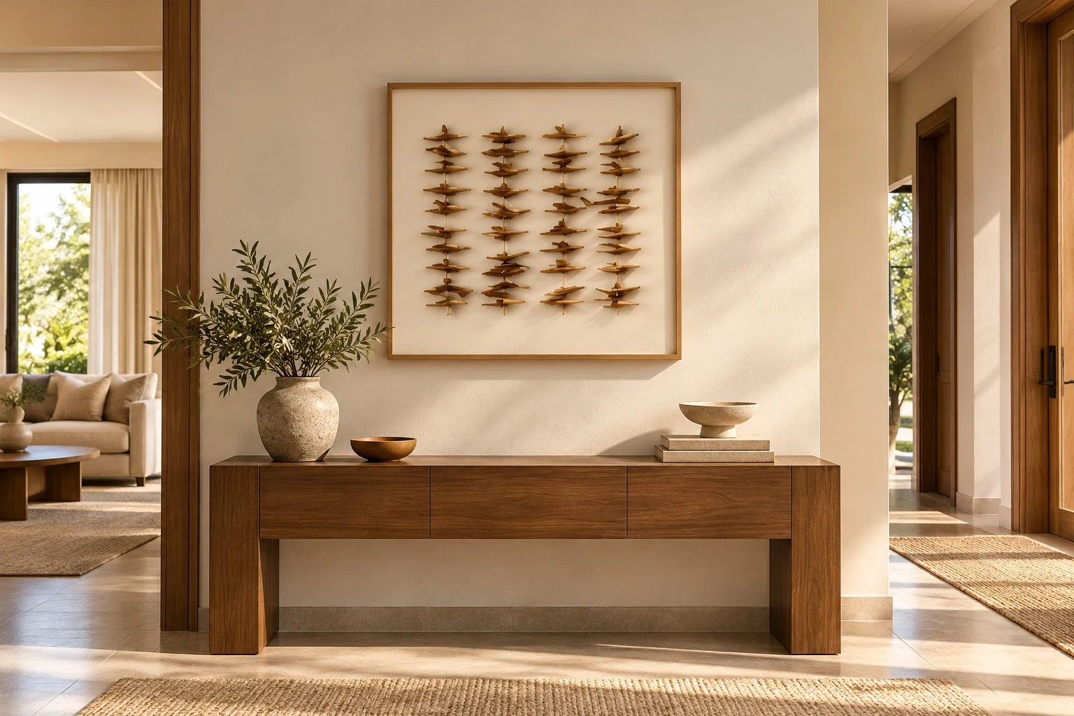 Framed golden twig wall art above console