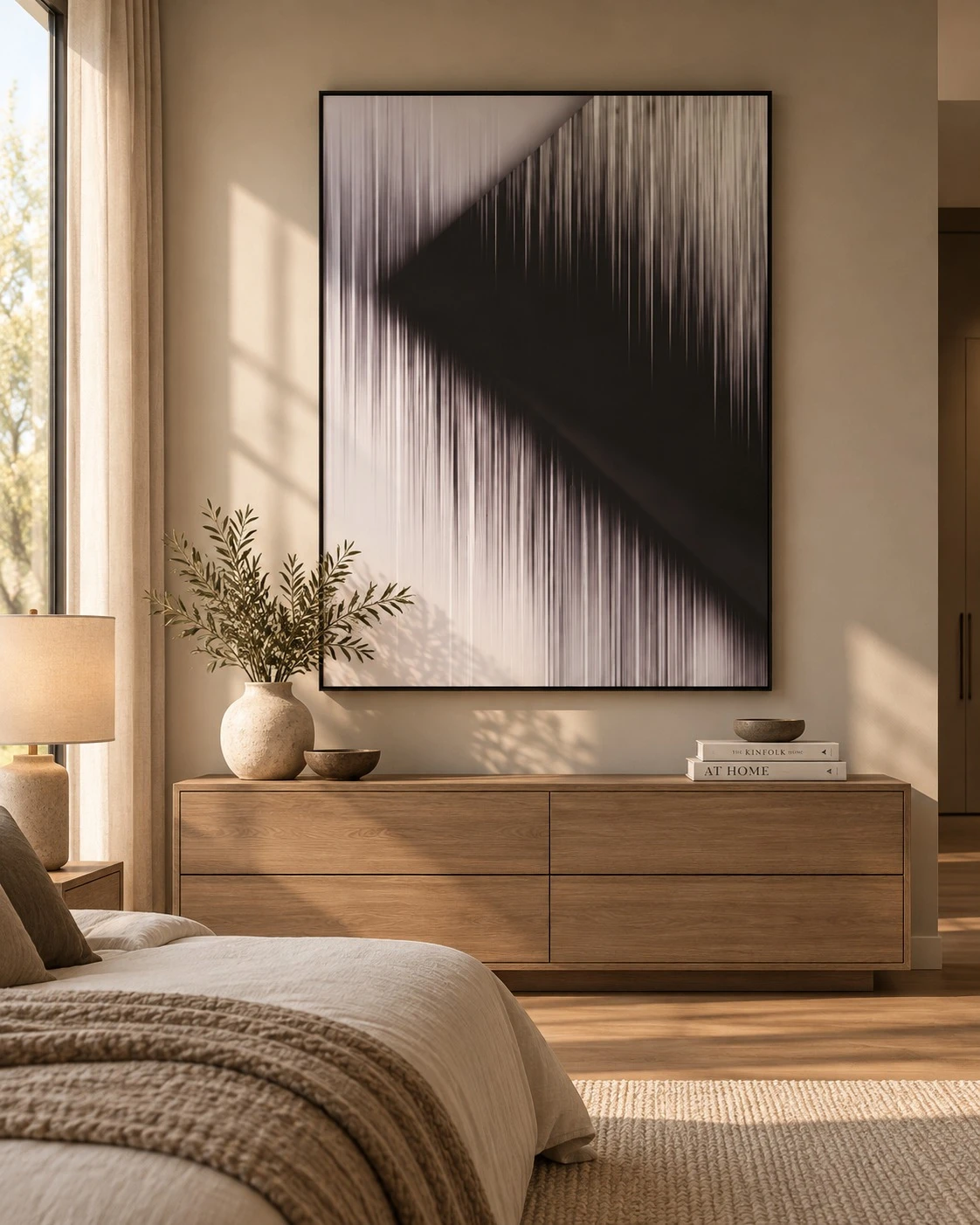 Framed B&W Gradient Abstract 120x150 cm - styled in a bedroom