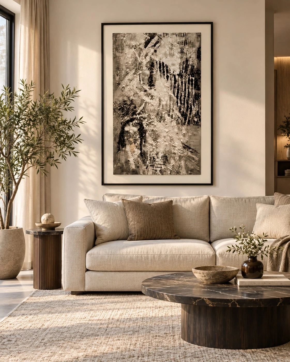 Framed sketch art print 80x120 cm above a linen sofa in a living room