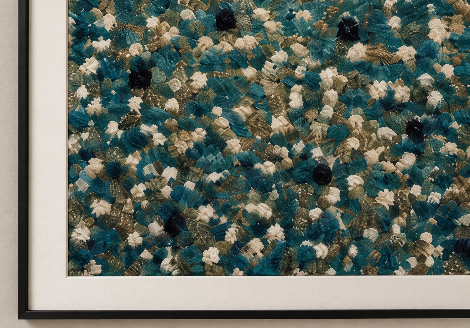 Close-up of the dappled teal-green forest print texture