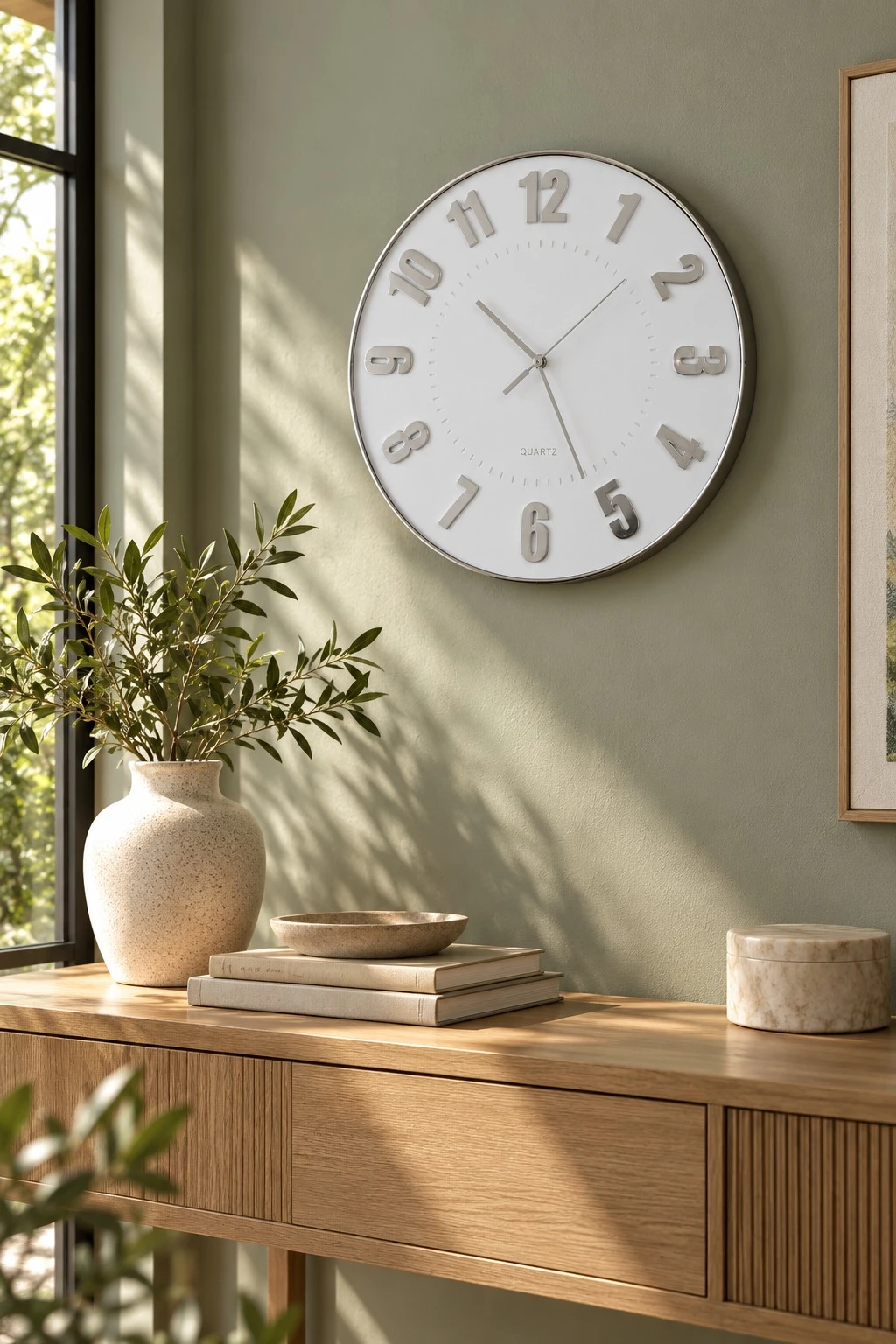White Clean Wall Clock Console - sage wall lifestyle
