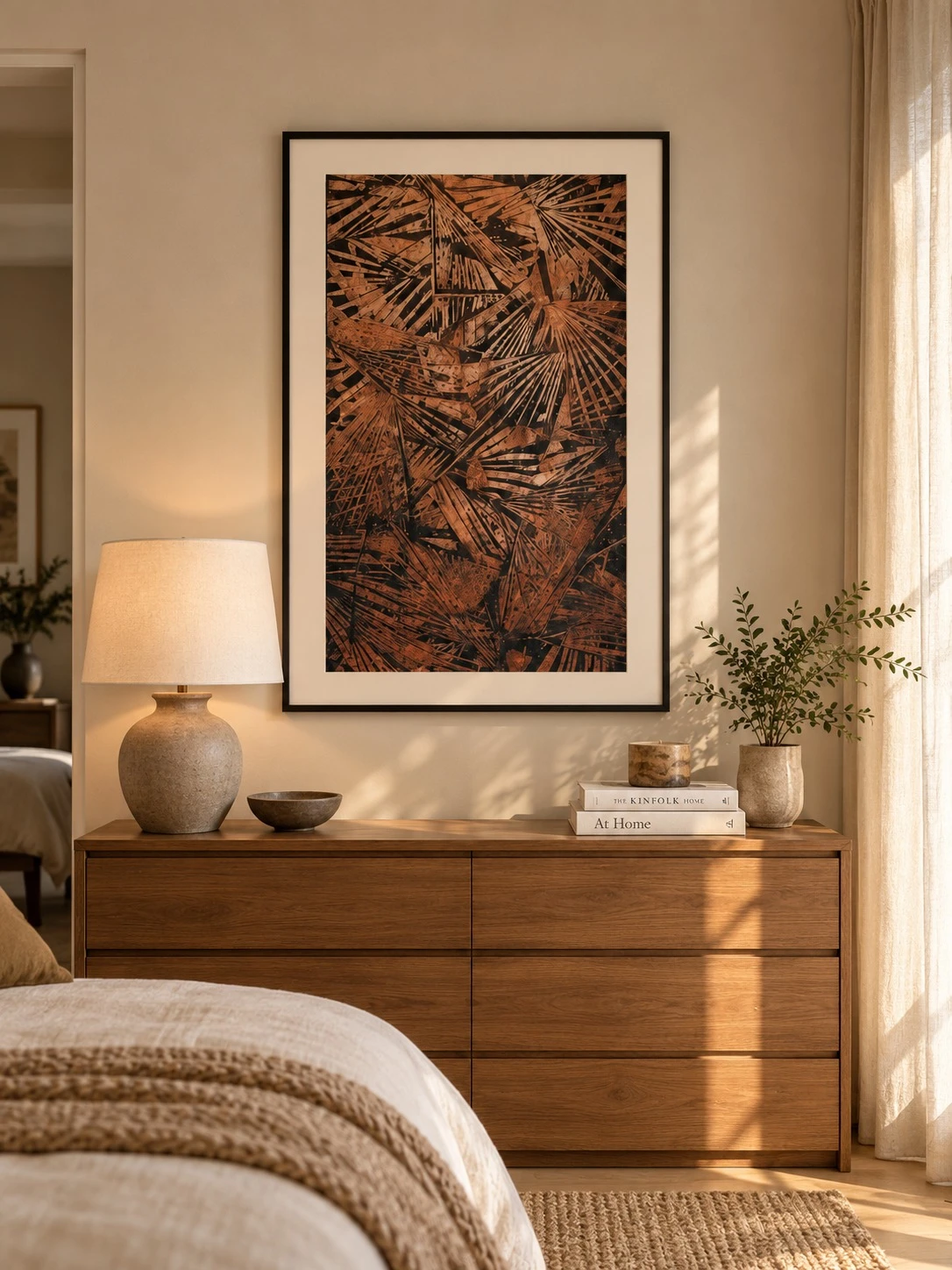 Framed Brown Botanical Pattern Art 80x120 cm - styled in a bedroom