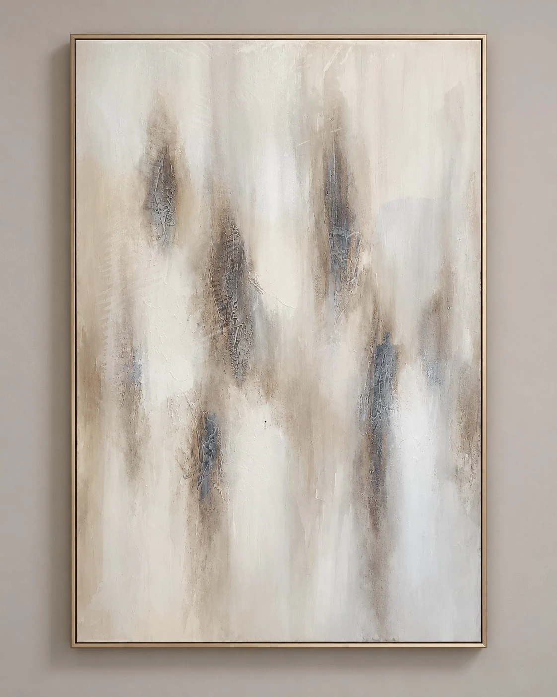 Neutral Echoes abstract framed art 80x120 cm with misty vertical taupe and blue-grey streaks on ivory, thin champagne frame, on a light grey wall