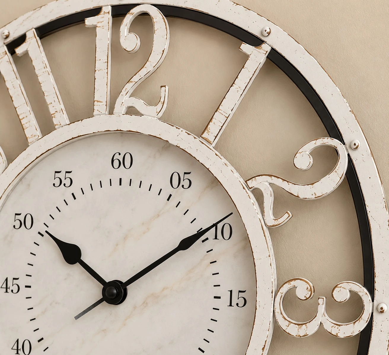 White Ornate Wall Clock Living Room - detail close-up