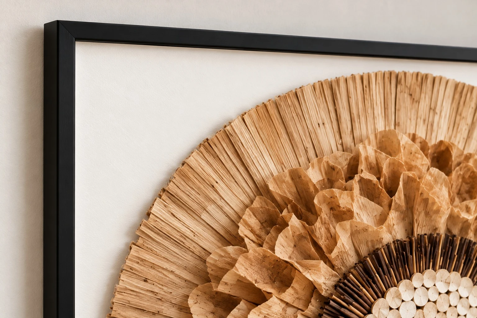 Framed natural straw and wood slice circle art corner detail