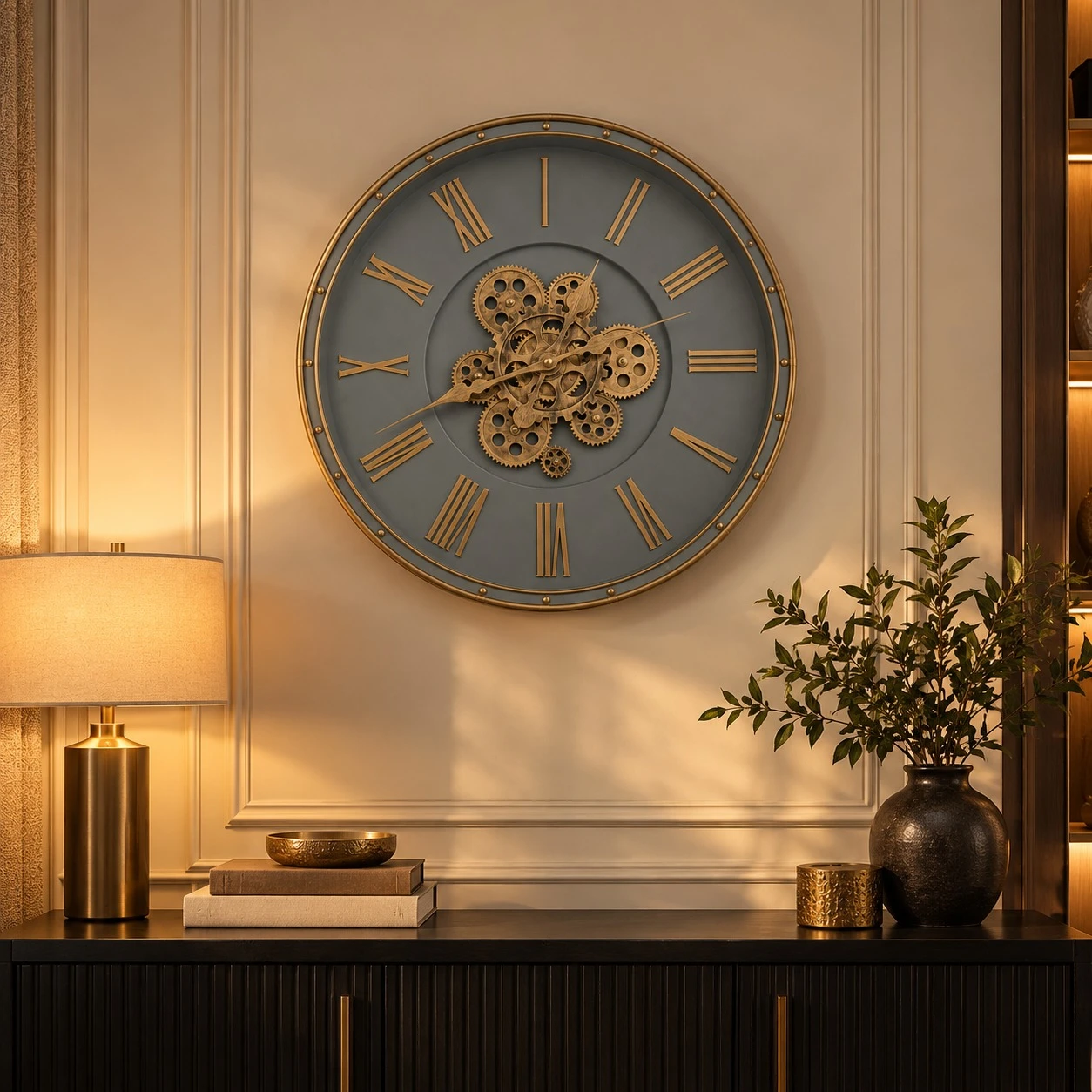 Blue Gold Artisan Wall Clock - warm console lifestyle