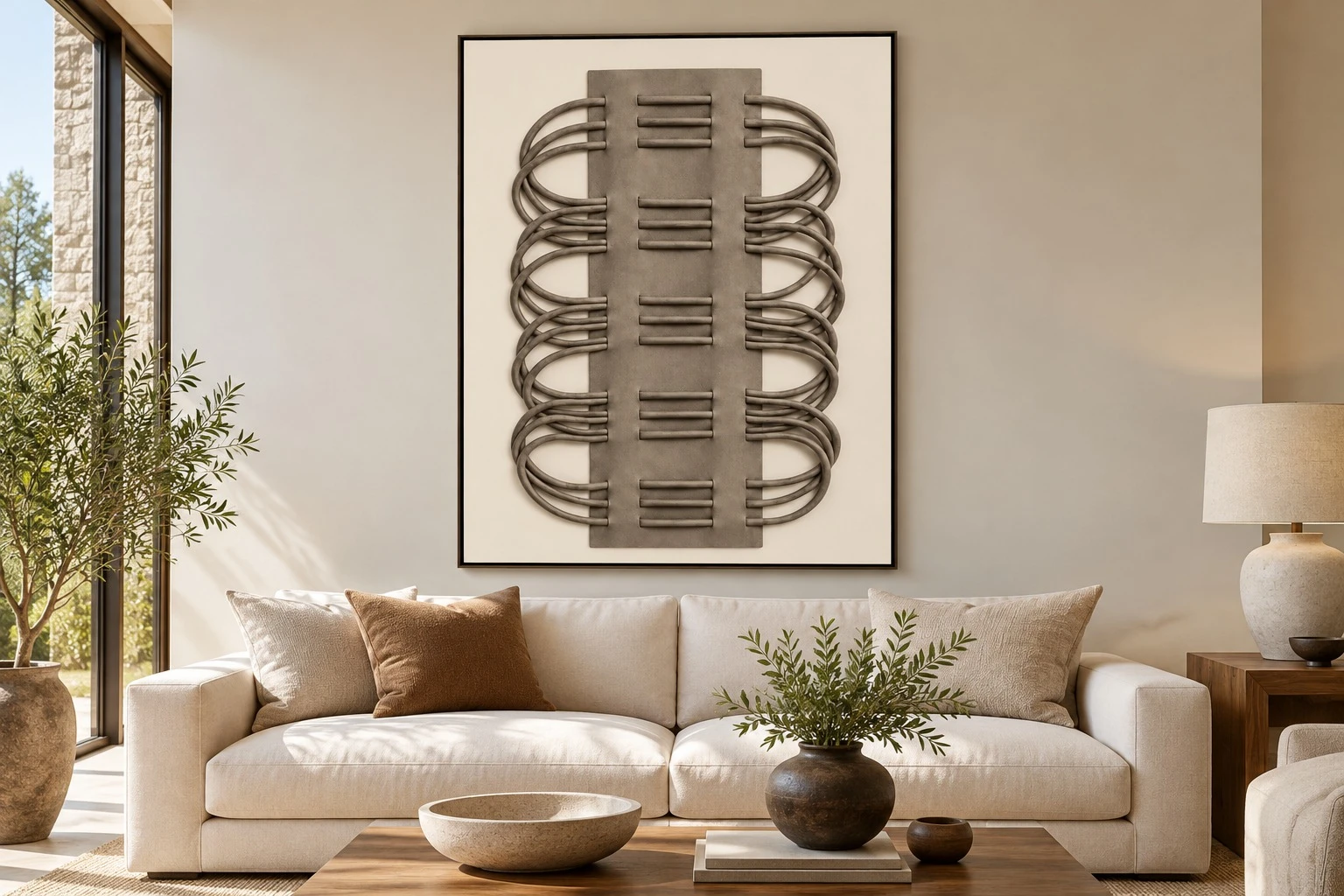 Framed grey looped cord panel wall art above sofa