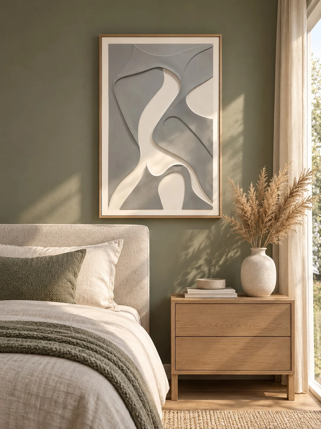 Framed B&W Abstract Scene Art 80x120 cm - styled in a bedroom