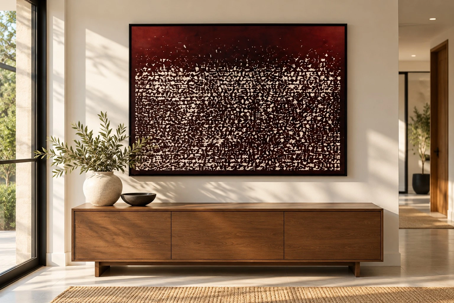 Framed maroon black speckle abstract art above wooden console