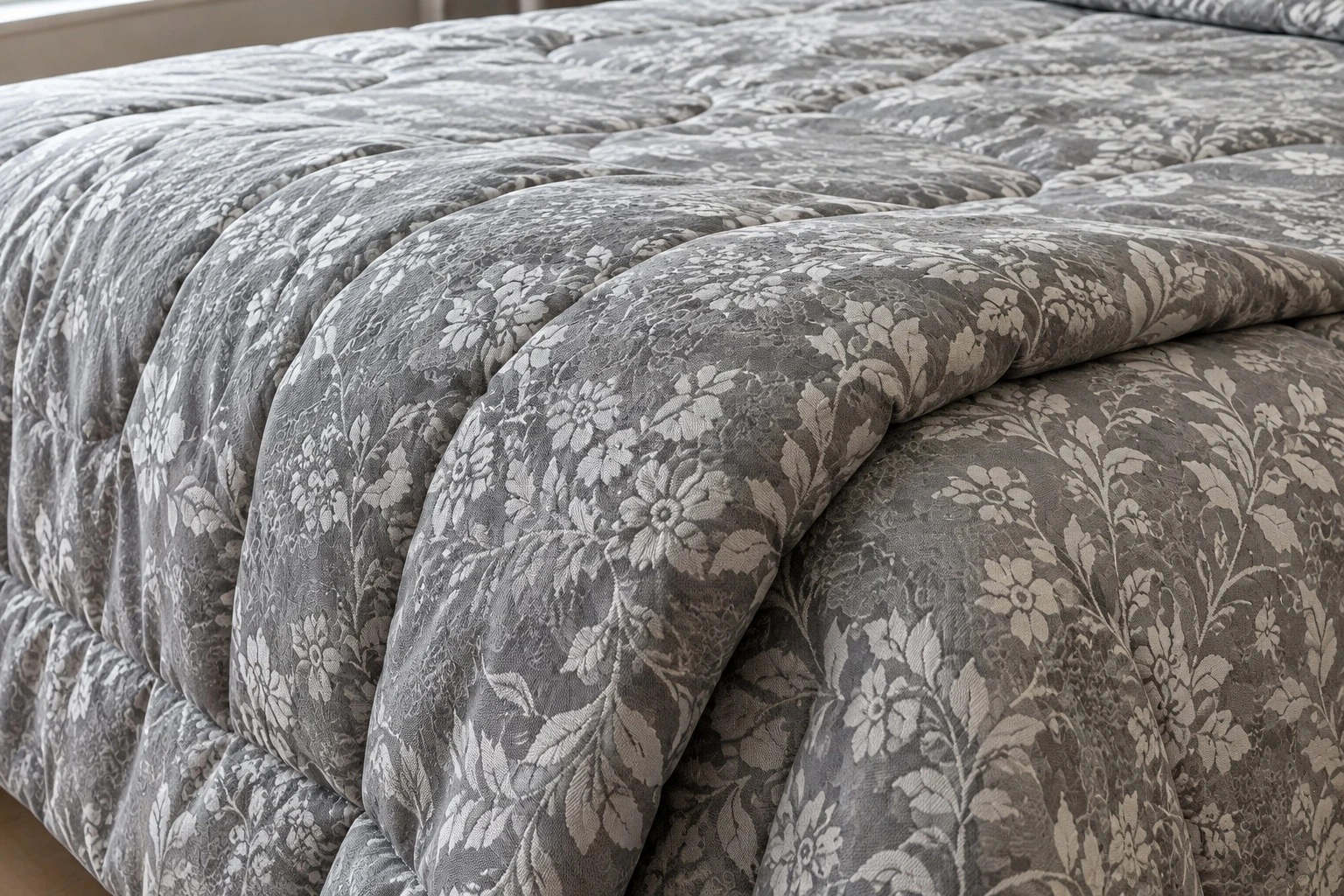 Platinum grey floral jacquard comforter fabric close-up