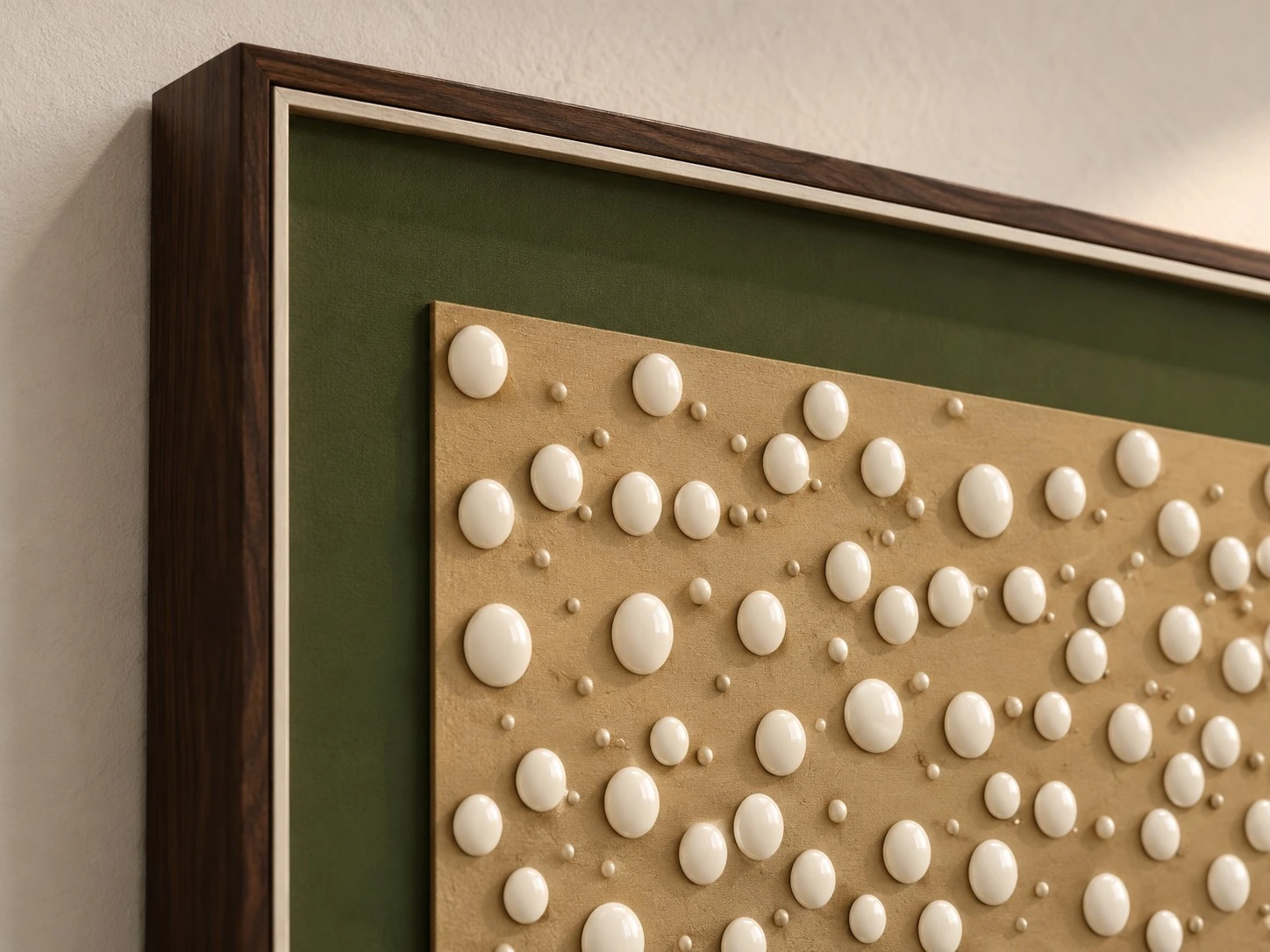 Framed cream dots textured art, frame corner detail