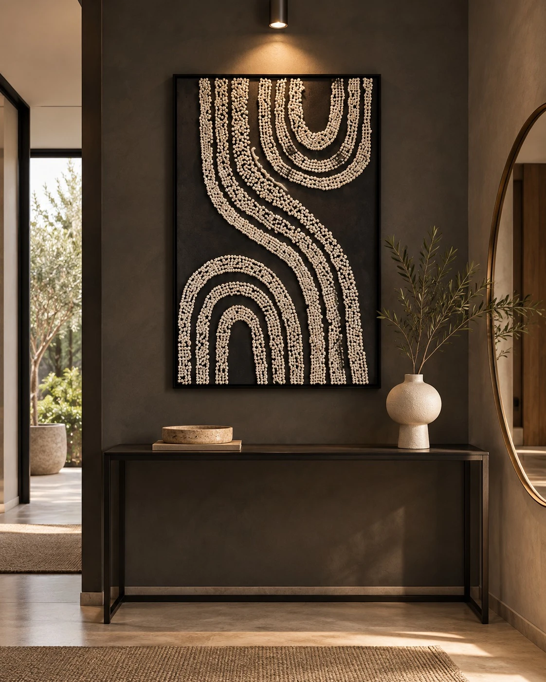 Framed B&W Mosaic Swirl & Arches 80x120 cm - entryway setting