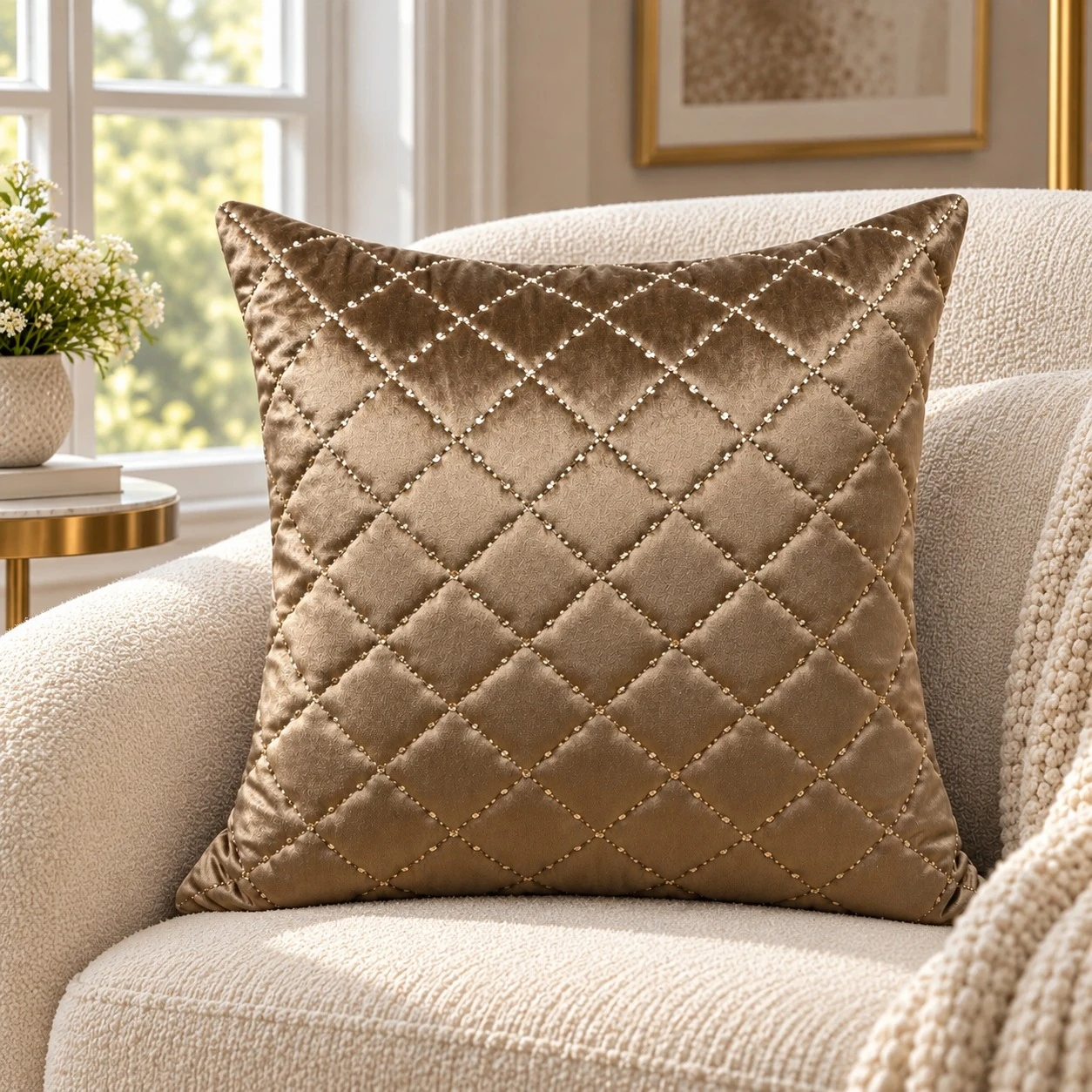 Taupe velvet diamond-quilted cushion cover with beaded stitching on a cream boucle armchair