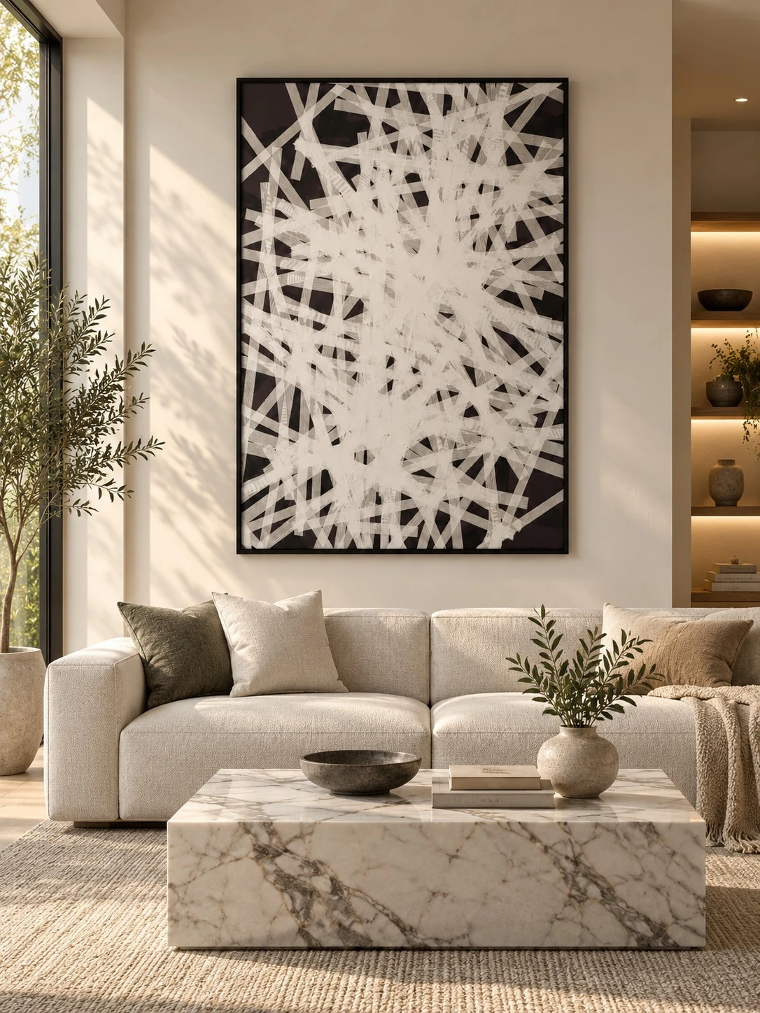Framed B&W Abstract Mixed Media 120x180 cm - styled in a living room