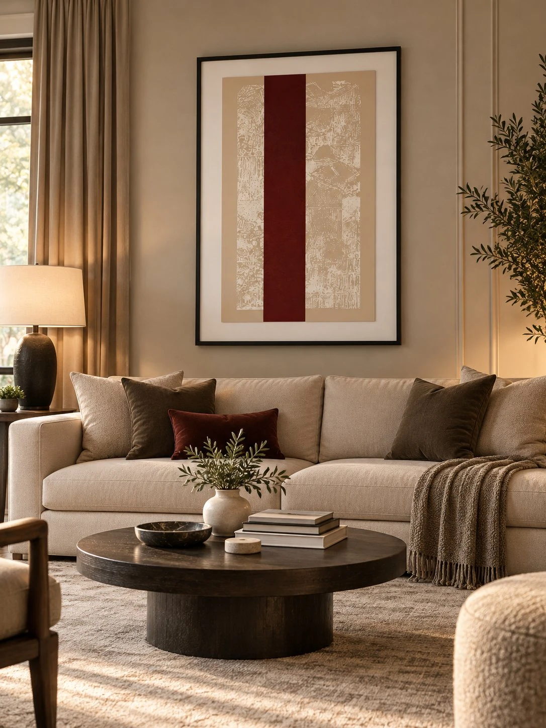 Framed Red and White Vertical Stripes Art 80x120 cm above a modern sofa