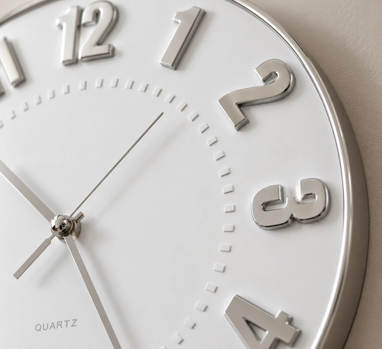 White Clean Wall Clock Console - numeral detail close-up