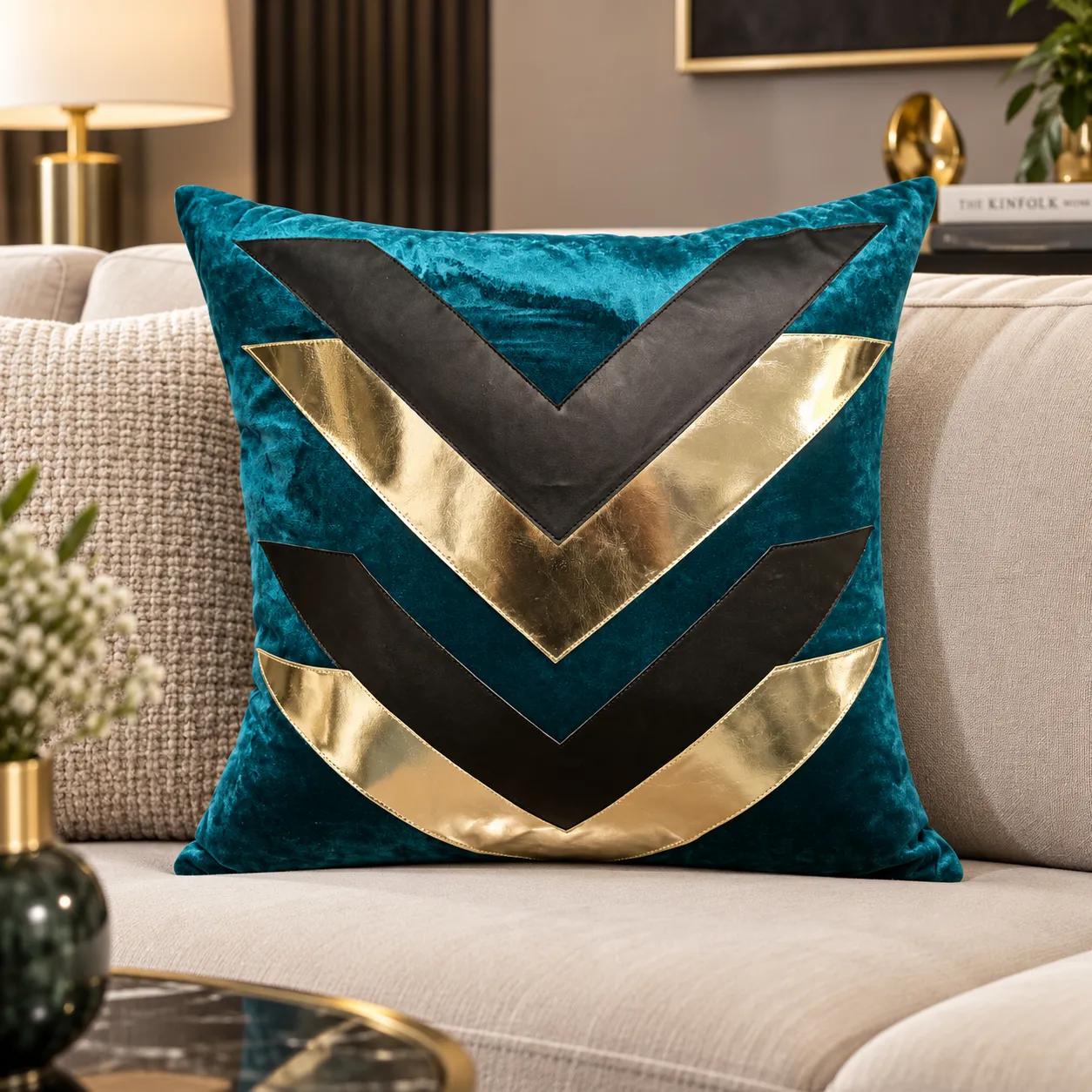 Teal Gold Chevron Cushion Cover Design 5911