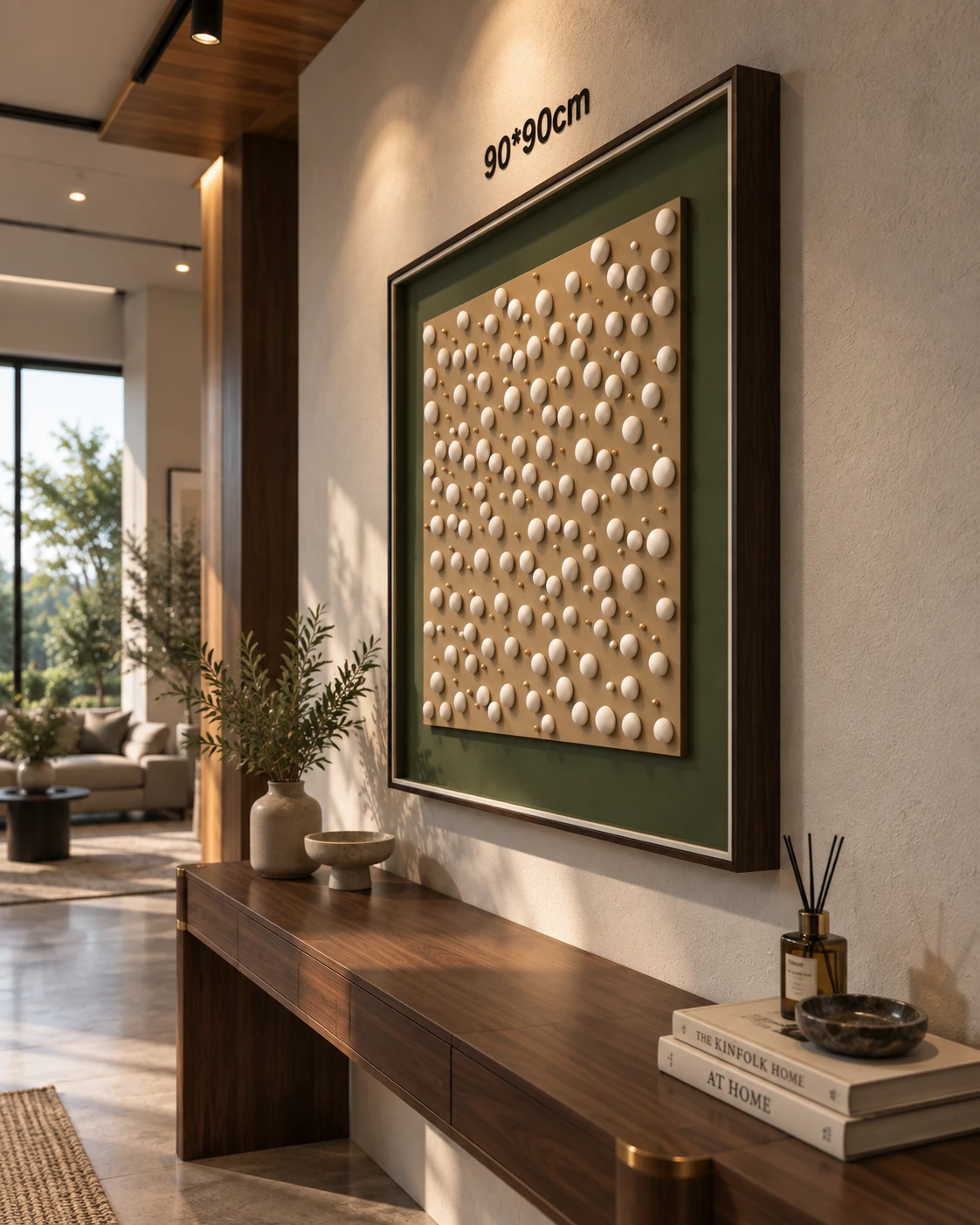 Framed cream dots textured art with green mat above a console