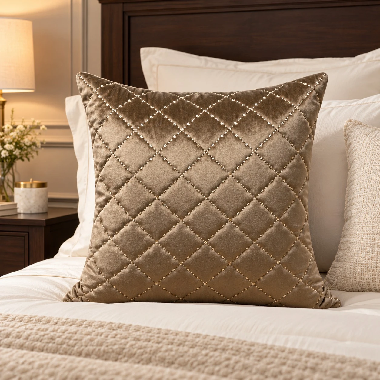 Taupe velvet diamond-quilted cushion cover with beaded stitching on a bed with ivory bedding