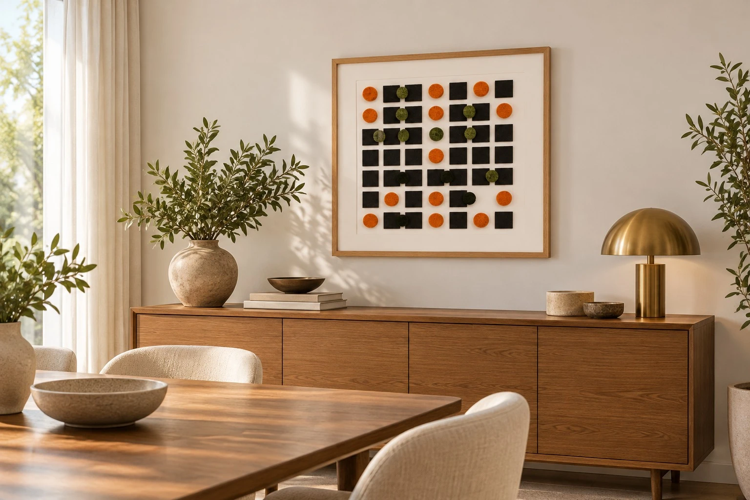 Framed black orange olive block art corner detail