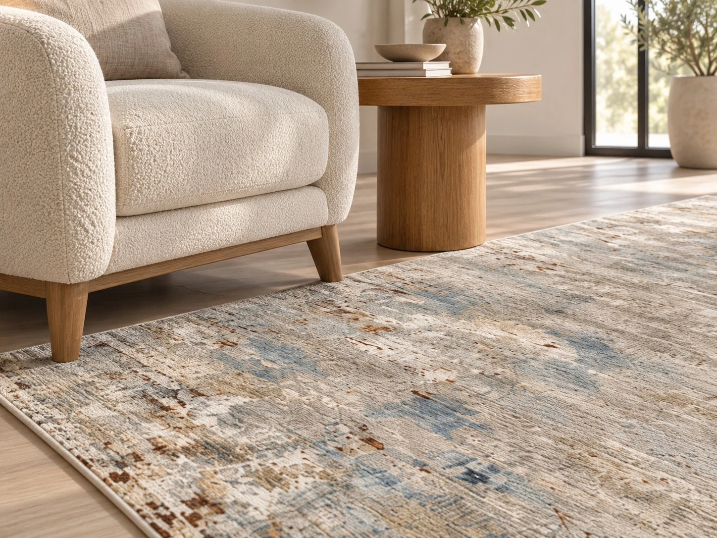 Corner of the blue gray distressed rug beside a cream armchair and oak side table