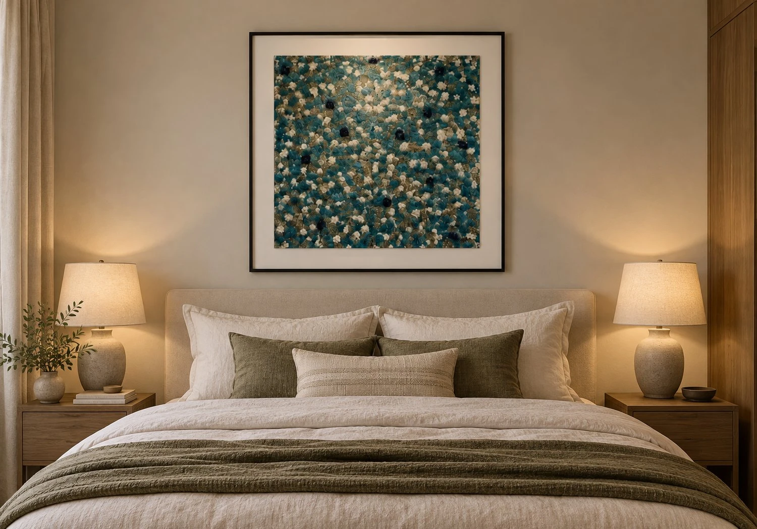 Framed Green Forest Art Print 90x90 cm above a bed in a cozy bedroom