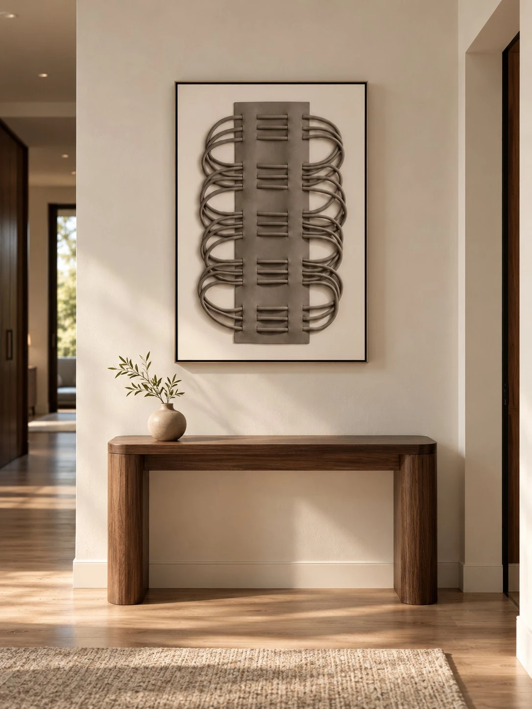 Framed Grid and Circle Pattern Art 70x100 cm above a hallway console table