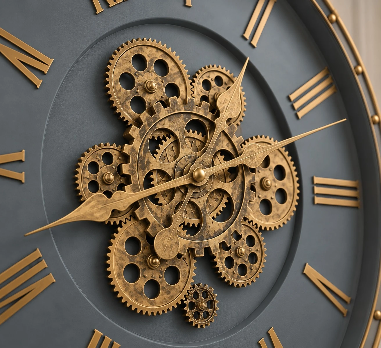 Blue Gold Artisan Wall Clock - gear cluster macro detail