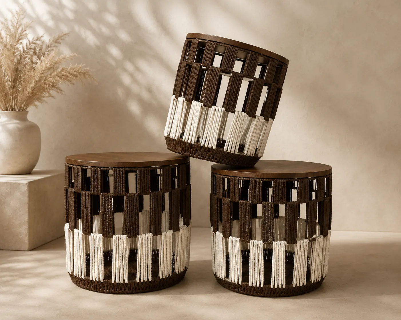 Dark Brown & White Woven Basket Set with Handles