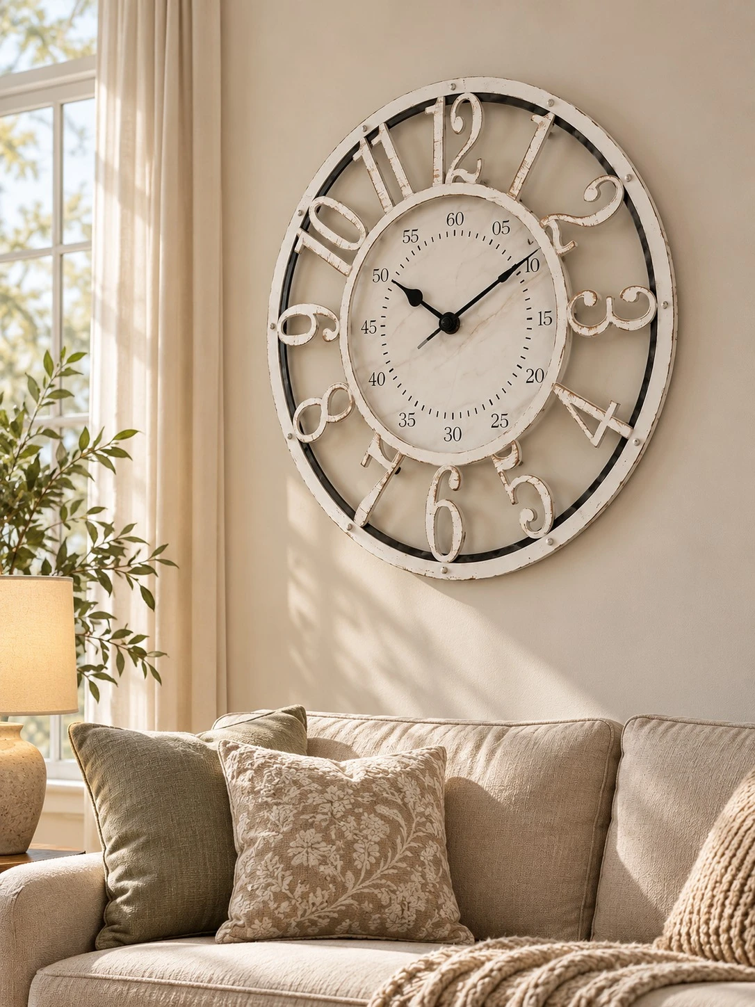 White Ornate Wall Clock Living Room - in-situ above sofa