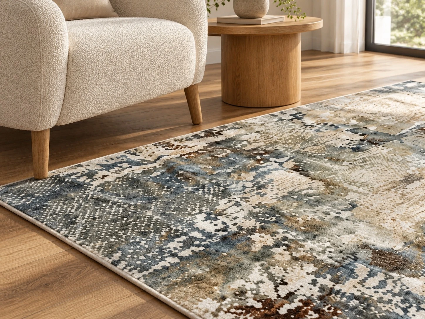 Corner of the blue gray mottled rug beside a cream armchair and oak side table