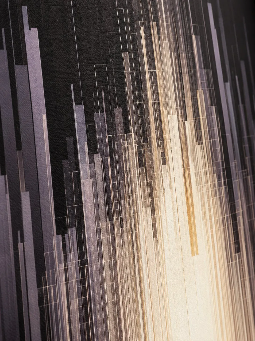 Close-up of the dark vertical-line artwork with cream glow