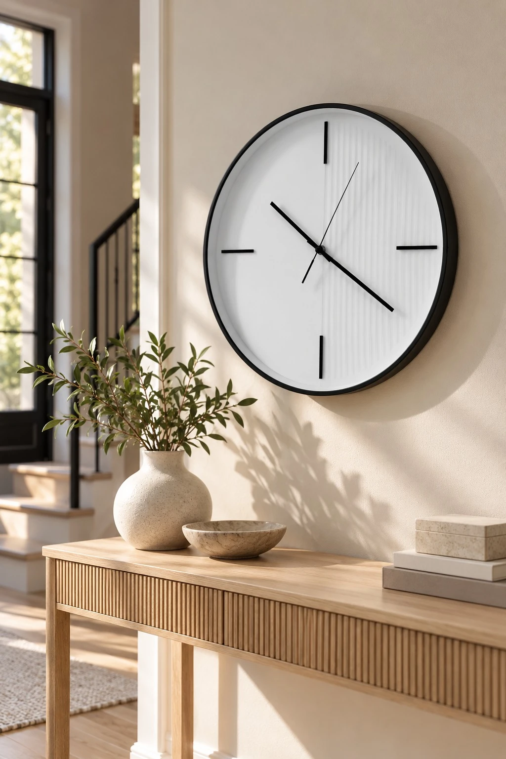 White Minimalist Wall Clock Console - in-situ hallway