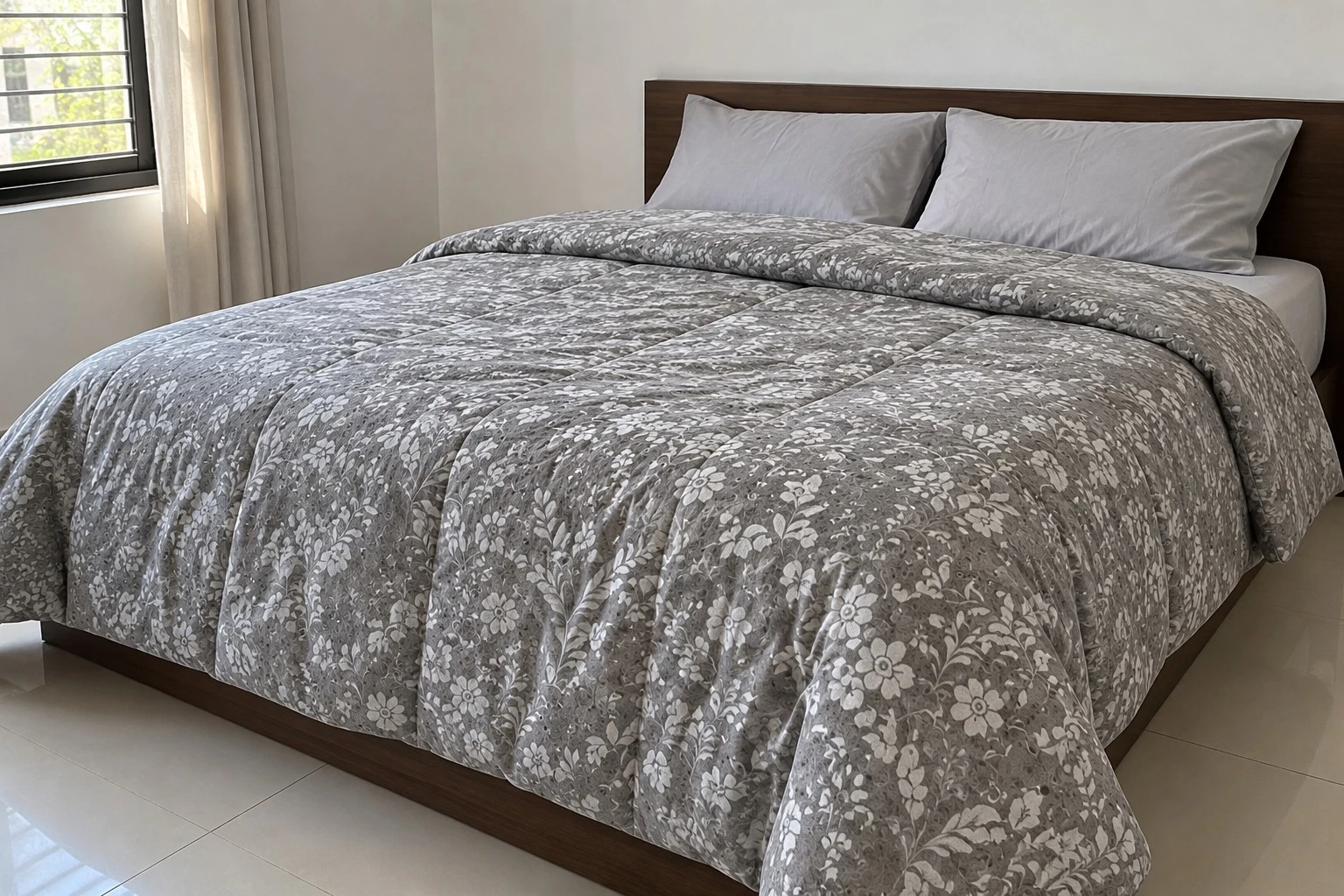 Platinum grey floral jacquard comforter on bed