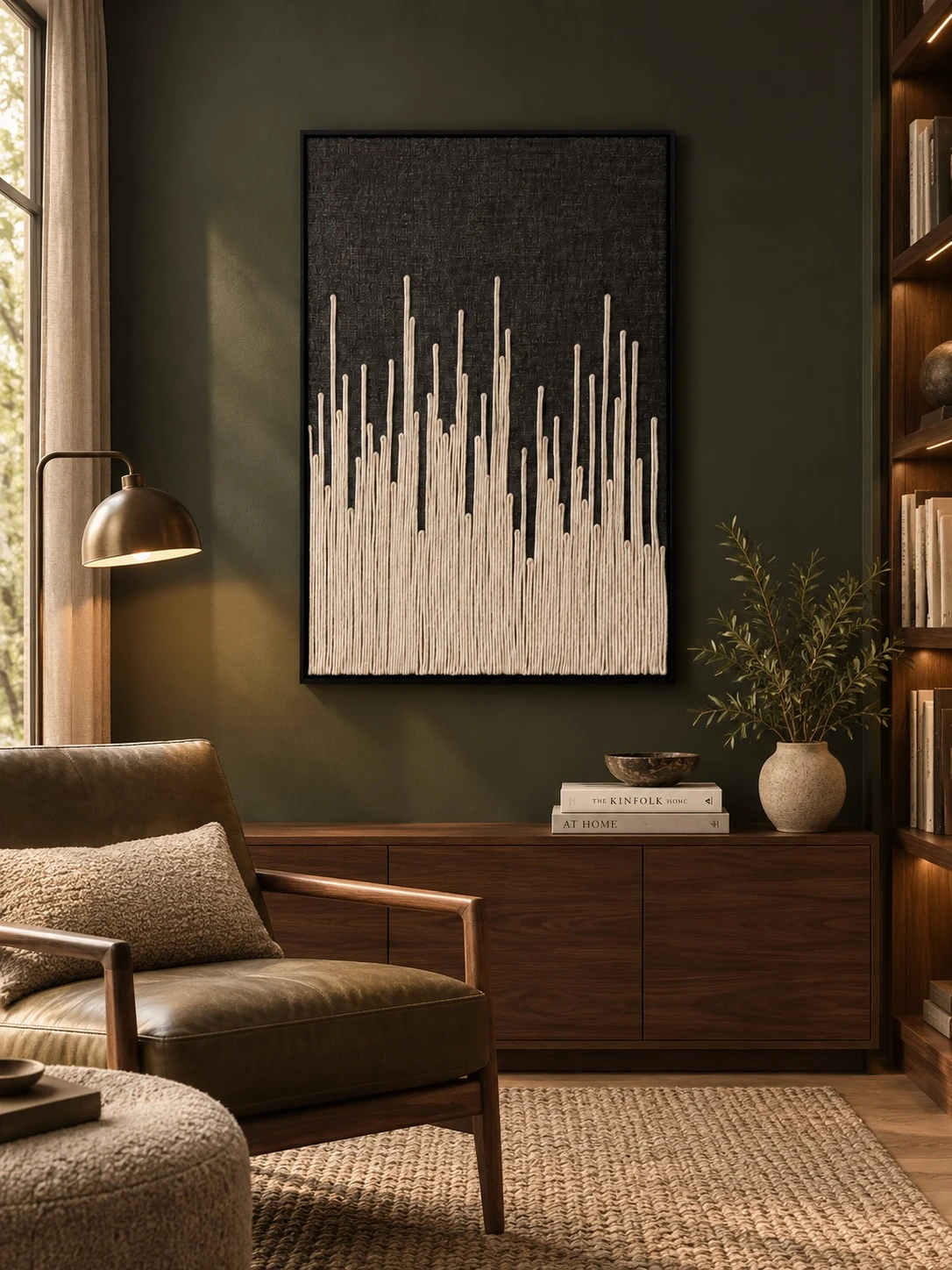 Framed Brown Grid Pattern Art 80x120 cm - styled in a reading corner