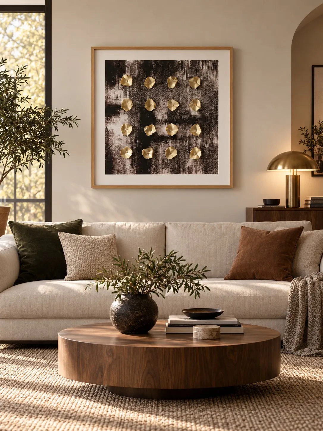 Framed Dark Botanical Art Print 60x60 cm above a living room sofa