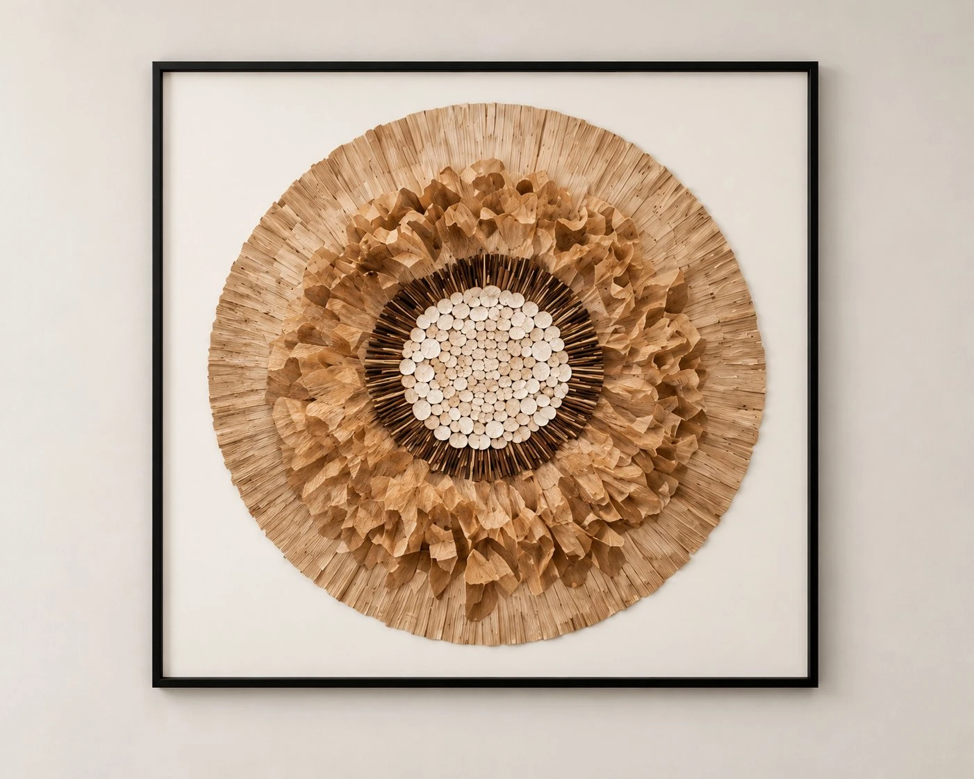 Straight-on studio view of the Framed Gold Wreath Circle Art in its black frame
