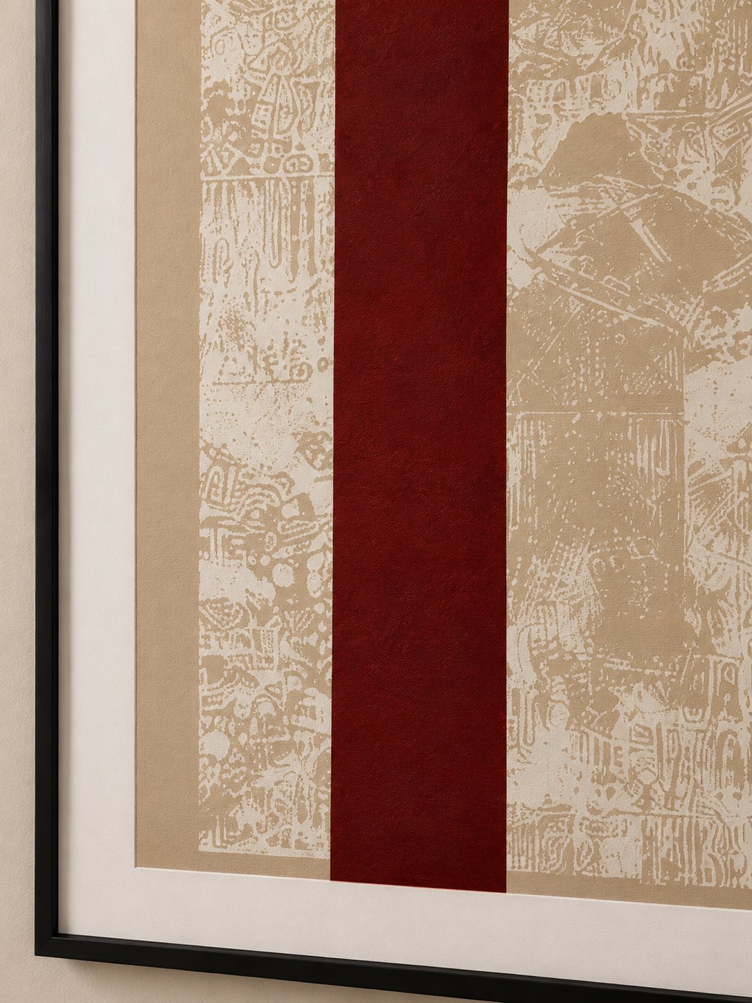 Close-up of the beige print texture with the burgundy center stripe