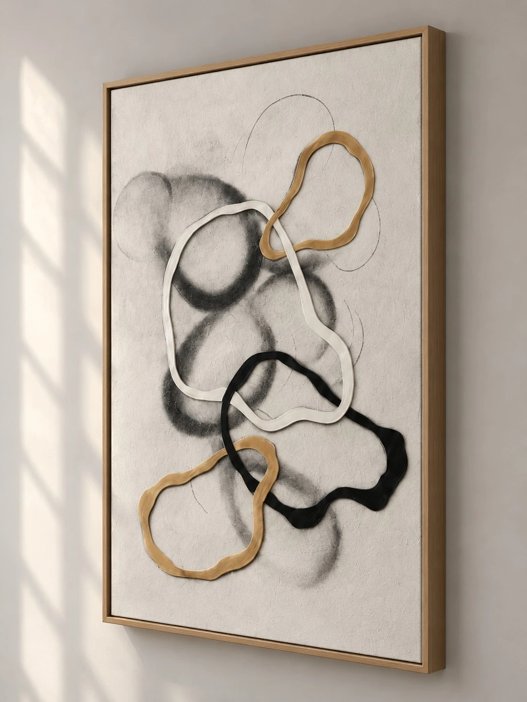Framed Abstract Gold and Black Swirl Lines 80x120 cm - artwork side angle view