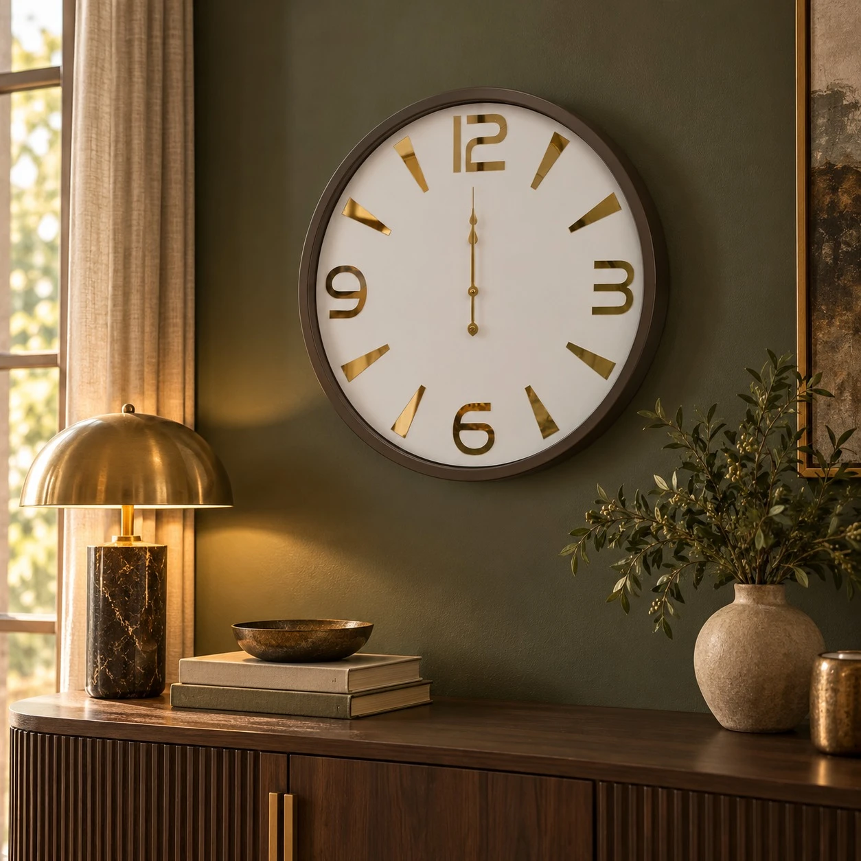 Oversized Numeral Wall Clock Console - olive wall lifestyle