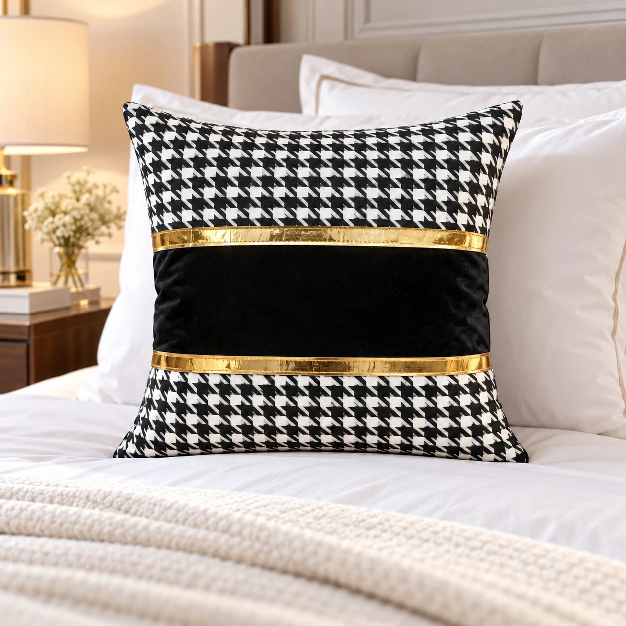 Black and white houndstooth cushion cover with gold bands and black velvet panel on a bed with white bedding