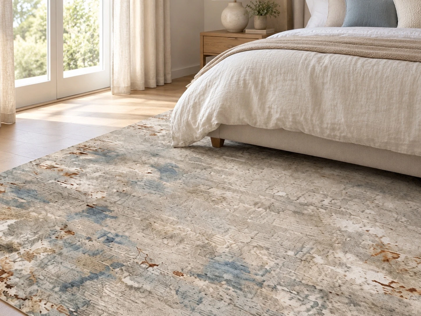 Blue gray distressed rug at the foot of a bed in a bright bedroom
