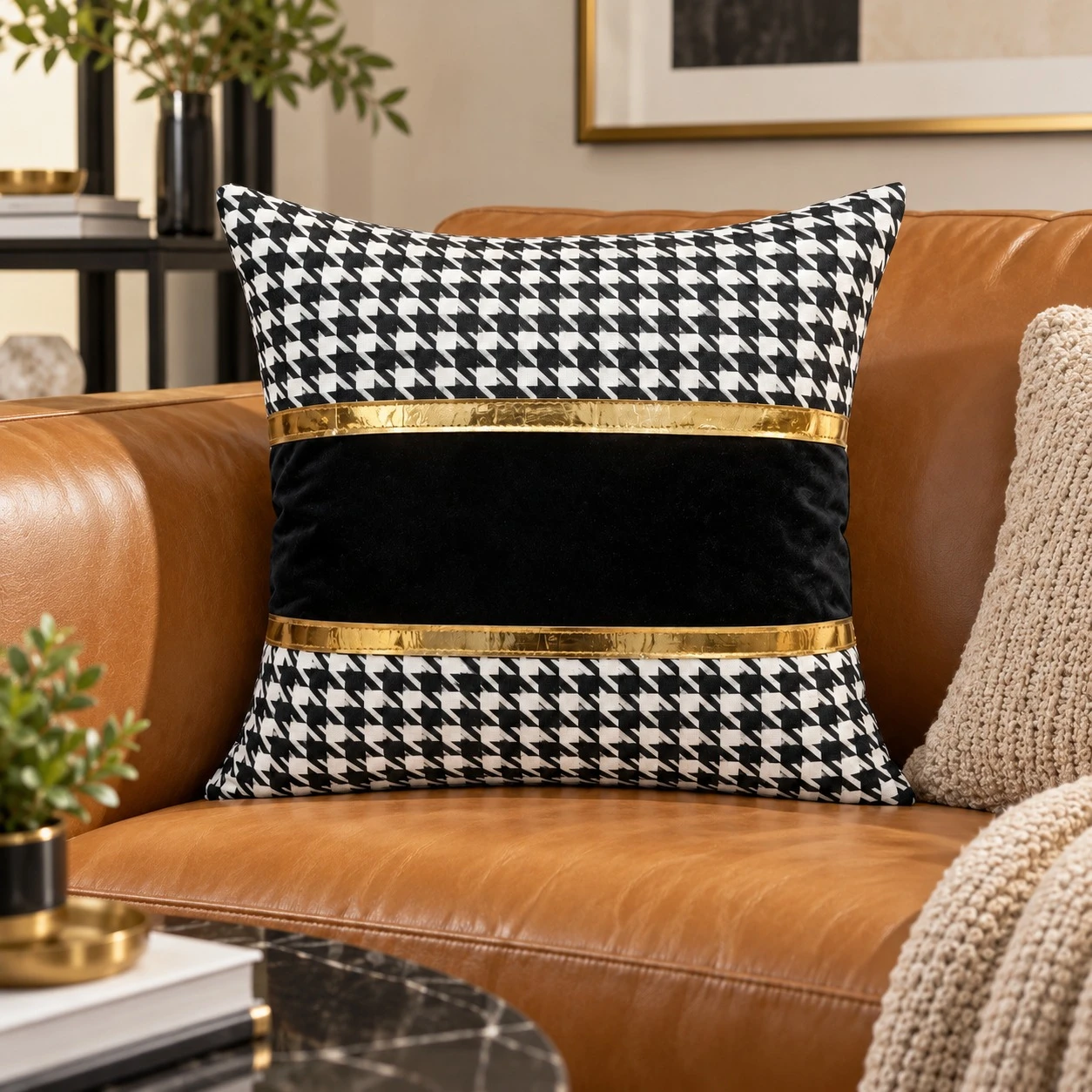 Black and white houndstooth cushion cover with gold bands and black velvet panel on a camel leather sofa