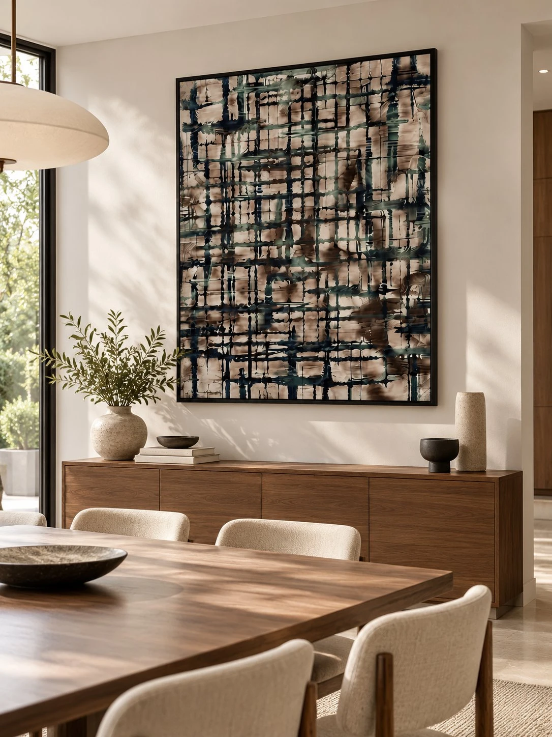 Framed teal and black brushstroke plaid art above a dining room sideboard