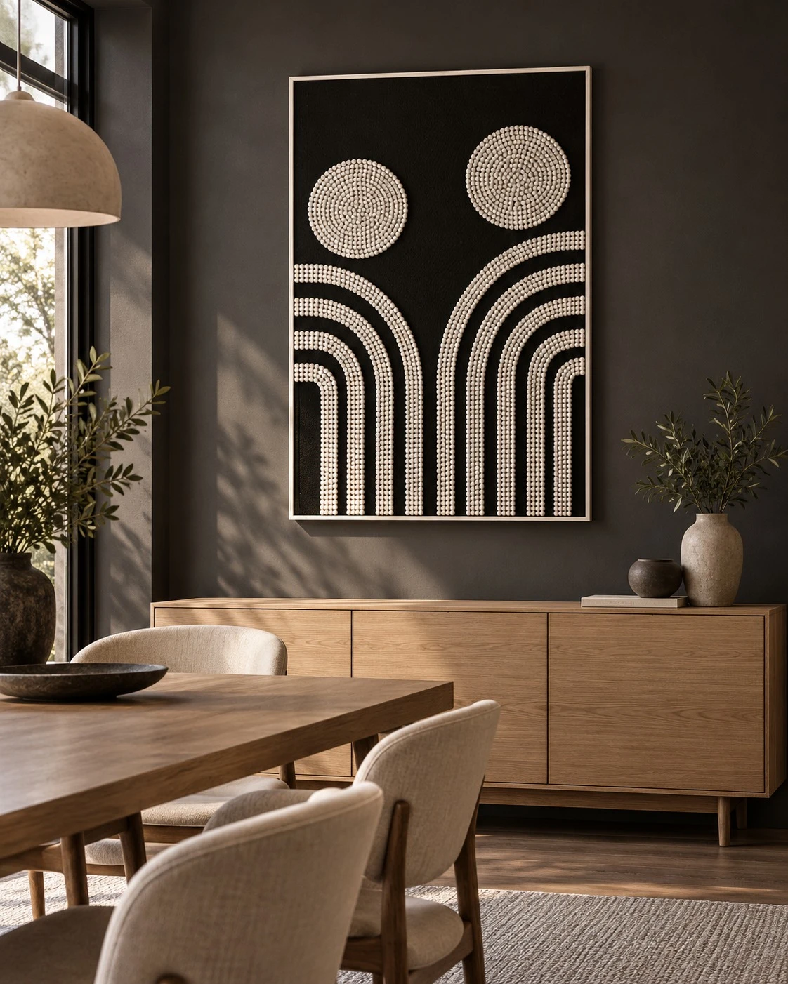 Framed B&W Geometric Arches & Circles 80x120 cm - styled in a dining room