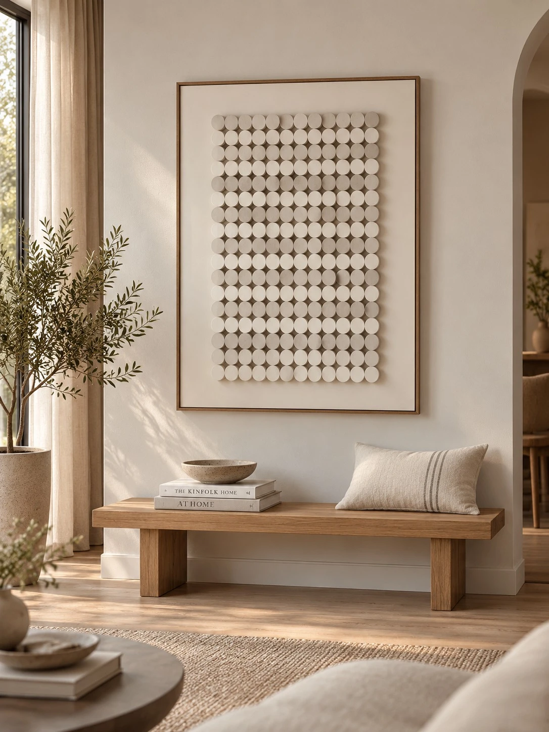 Framed Brown Wooden Square Pattern 70x100 cm - styled in a living room