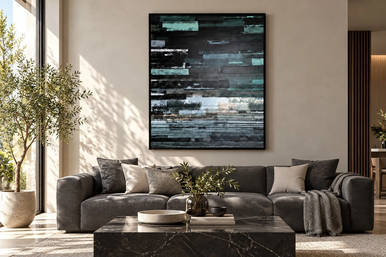Framed black and teal abstract art corner detail