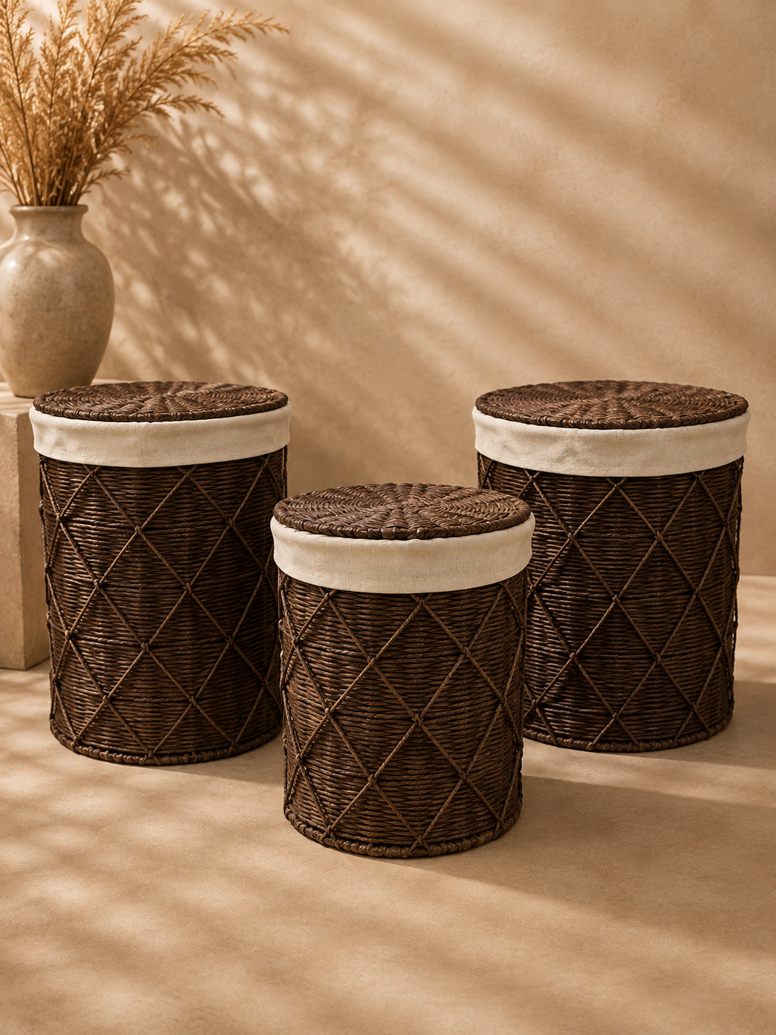 Basket Charcoal Woven Set With Tassels