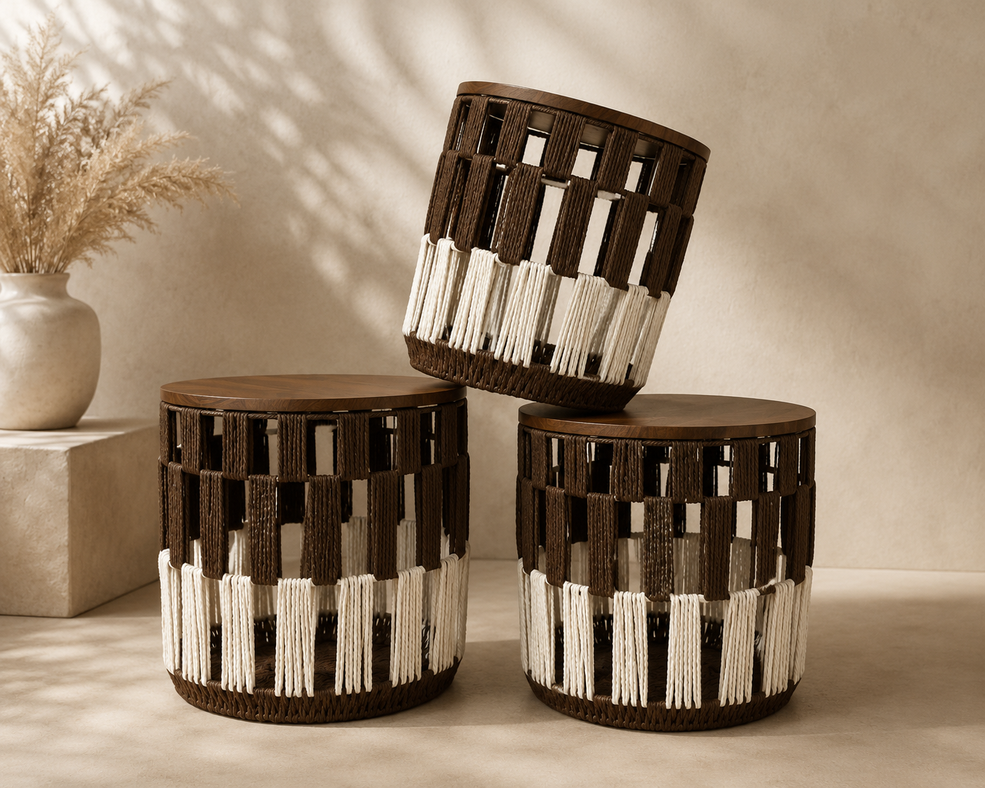 Basket Dark Brown White Woven Set Handles
