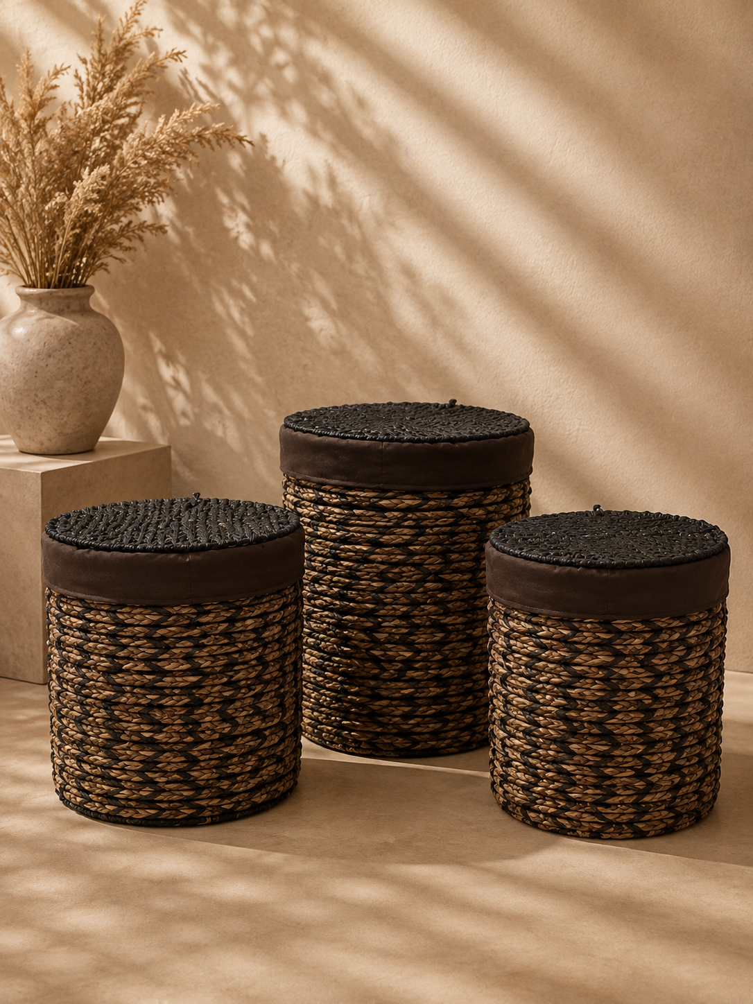 Basket Dark Brown Woven Set Dark Lids